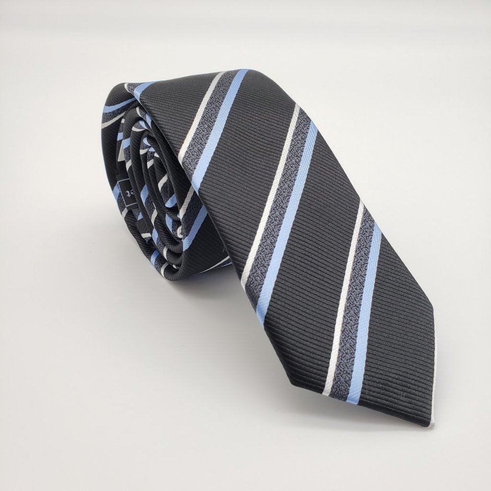 Laurant Bennet Milano Men's Dress Skinny Neck Tie Black Blue Stripe 57"L 2 1/8"W
